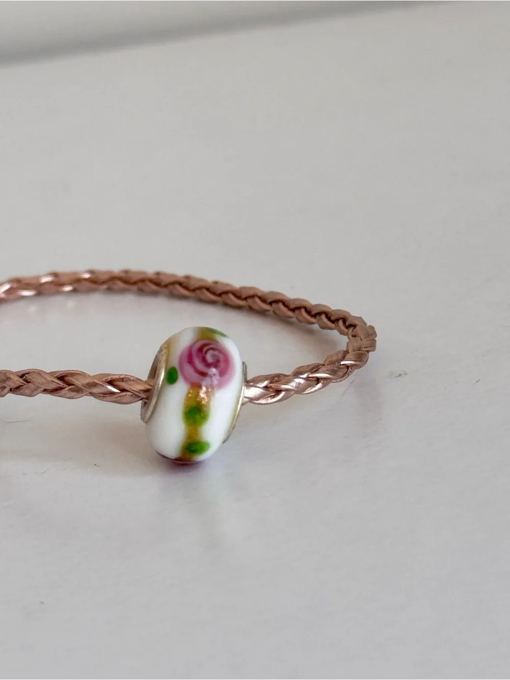 925 Sterling Silver White Pink Green Floral European Art Glass Murano Bead Charm